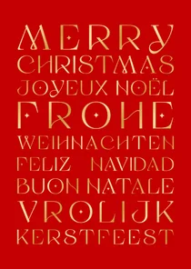 Rode kerstkaart met verschillende talen in goud