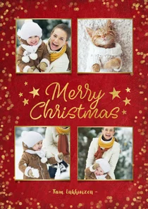 Rode sfeervolle fotocollage kerstkaart met goudlook confetti