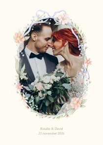 Romantische bedankkaart strik met foto en aquarel bloemen