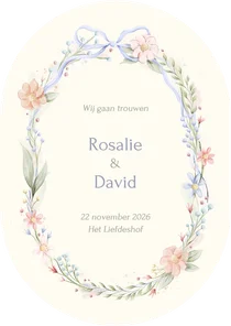 Romantische ovale trouwkaart strik met aquarel bloemen