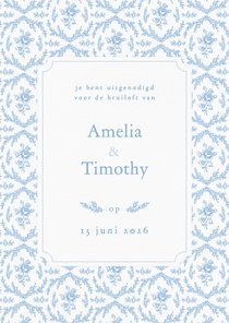 Romantische uitnodiging bruiloft met lichtblauwe roosjes