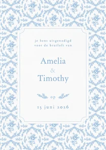 Romantische uitnodiging bruiloft met lichtblauwe roosjes