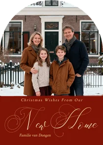 Rood verhuiskaartje kerst met foto new home boog