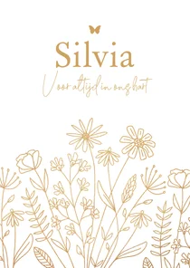 Rouwkaart bidprent veldbloemen goud line art vlinder