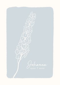 Rouwkaart lichtblauw met lijntekening van bloemen
