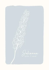 Rouwkaart lichtblauw met lijntekening van bloemen