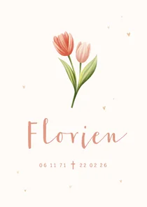 Rouwkaart met tulpen en kleine koperlook hartjes