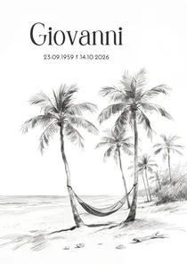 Rouwkaart schets strand met palmbomen hangmat