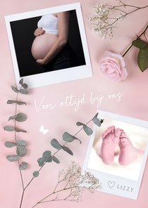 Rouwkaart voor stilgeboren baby meisje met foto's en bloemen