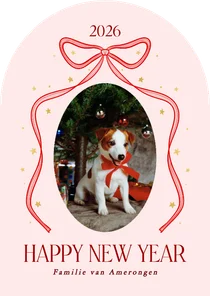 Roze foto nieuwjaarskaart met rode strik boogvorm