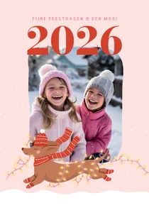 Roze fotokaart kerst met teckel met kerstlampjes 2027