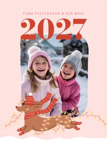 Roze fotokaart kerst met teckel met kerstlampjes 2027