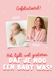 Roze fotokaartje verjaardag met baby foto voor een dochter