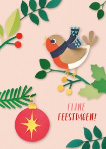 Roze kerstkaart met roodborstje