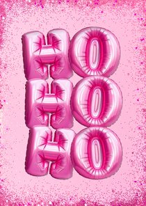 Roze kerstkaartje met glitters en ballonnen hohoho