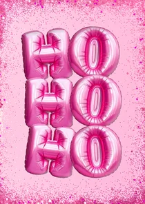 Roze kerstkaartje met glitters en ballonnen hohoho