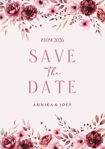 Roze save the date kaart met klassieke waterverf bloemen