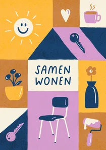 Samenwoonkaart vrolijke blokken met illustraties