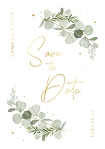 Save the date communie eucalyptus goud hartjes