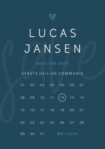 Save the date communie minimalistisch met hartje kalender