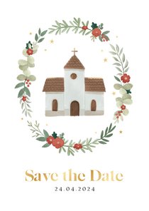 Save the date communiekaart illustratie kerk bloemen sterren