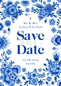 Save the date Delfts blauw bloemen stijlvol romantisch