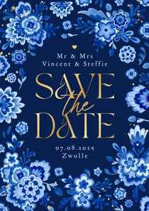 Save the date Delfts blauw donker bloemen romantisch