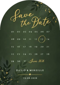Save the Date kaart botanische jungle boogvorm met kalender