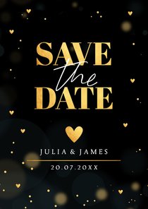 Save the Date kaart goudlook zwart hartjes typografie