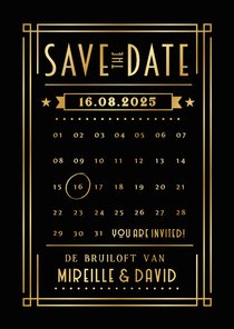 Save the Date kaart in retro poster stijl met goudfolie 