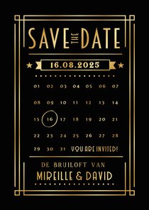 Save the Date kaart in retro poster stijl met goudfolie 