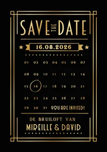 Save the Date kaart in retro poster stijl met goudfolie 