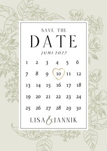 Save the date kaart klassiek kalender botanisch hart goud