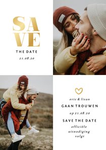 Save the date kaart met foto's en gouden accenten