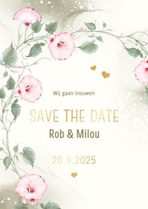 Save the date kaart met roze klokwinde