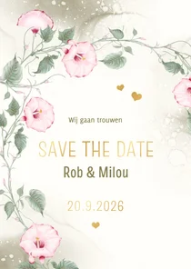 Save the date kaart met roze klokwinde