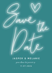 Save the date kaart neon letters, hartje en foto