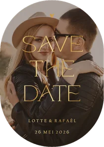 Save the date kaart ovaal met grote foto en goudfolie