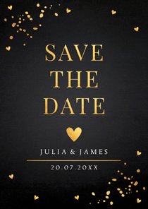 Save the Date kaart zwart goudlook hartjes typografie