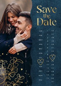 Save the date kalender trouwkaart velvet blauw foto goud