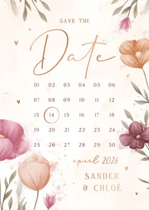 Save the date kalender waterverf bloemen met koperen hartjes