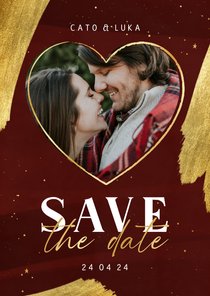 Save the date kerst rood met foto en goudfolie