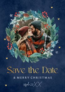 Save the Date kerstkaart blauw kerstkrans foto