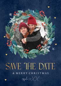 Save the Date kerstkaart blauw kerstkrans foto