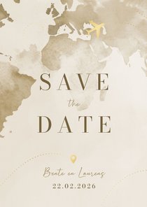 Save the date reisthema waterverf wereld goudfolie vliegtuig
