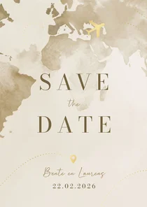 Save the date reisthema waterverf wereld goudfolie vliegtuig