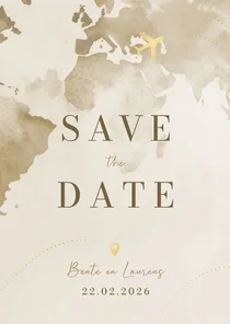 Save the date reisthema waterverf wereld goudfolie vliegtuig