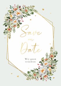 Save the Date romantisch bloemen stijlvol hartjes goud