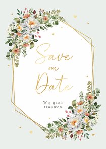 Save the Date romantisch bloemen stijlvol hartjes goud