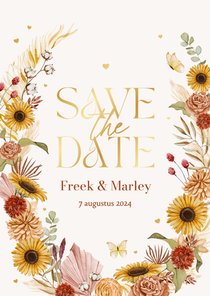 Save the date stijlvol bohemian bloemen zomer vlinders goud 